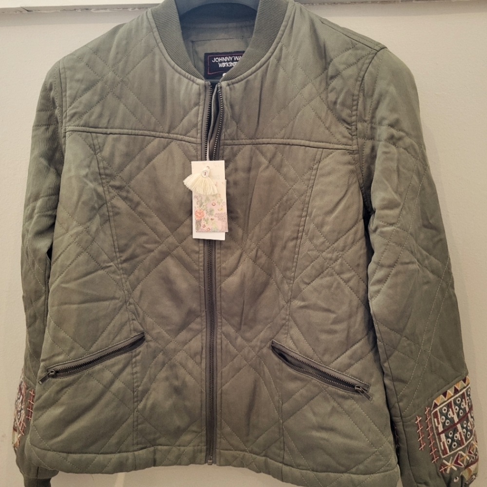 NWT Johnny Was Workshop Army Olive Green Leigh Quilted Seamed Bomber Jacket XS